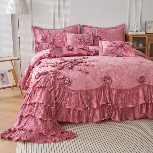 Elegant Satin Lace Cascading Ruffles Floral Embellished Victorian Rose Pink Bedding Royal Princess Dreams Ruffled Comforter Set, 6 Pieces