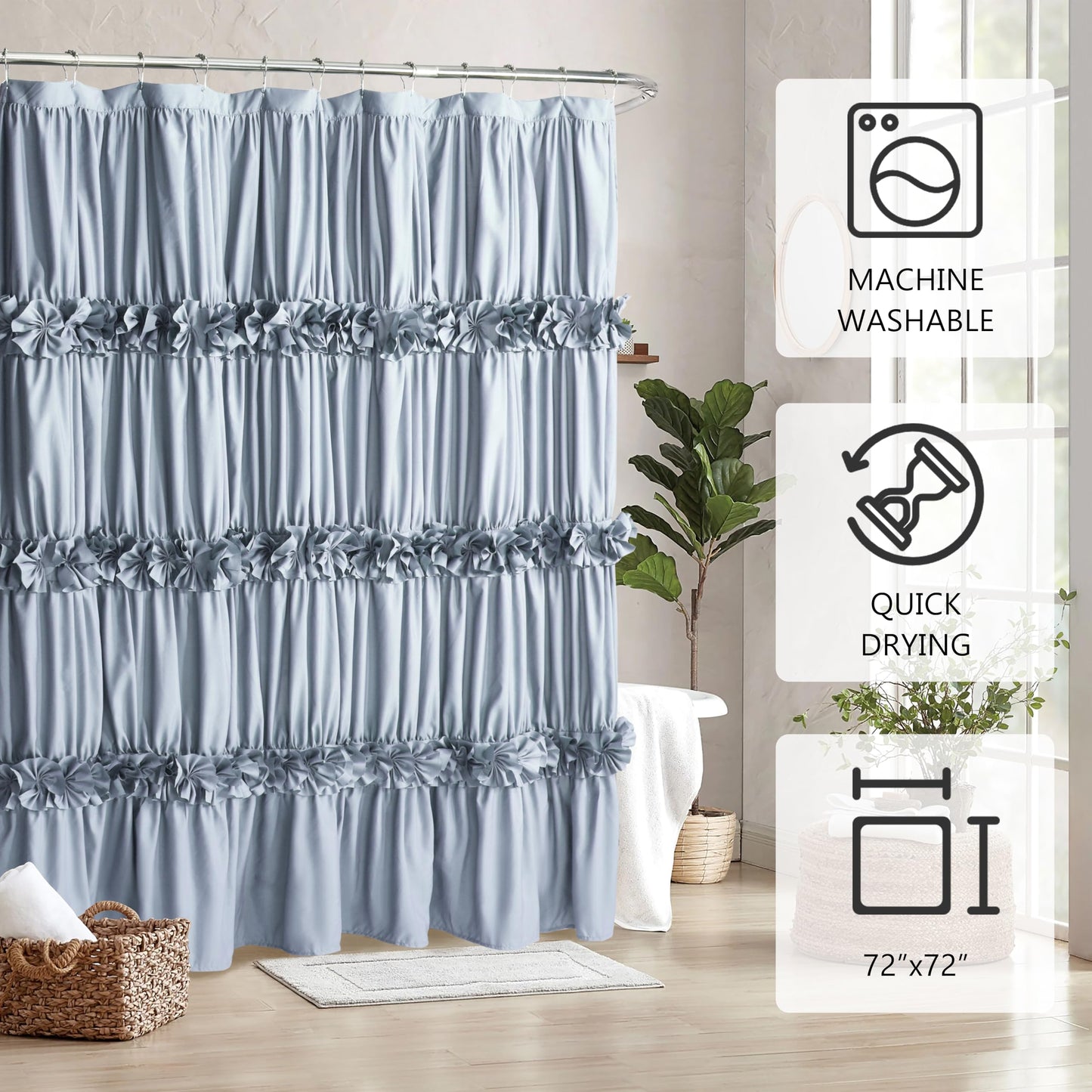 Victorian Bow Tie Ruffle Shower Curtain, with 12 Buttonholes, 72" W x 72" H, White (LQ-10)