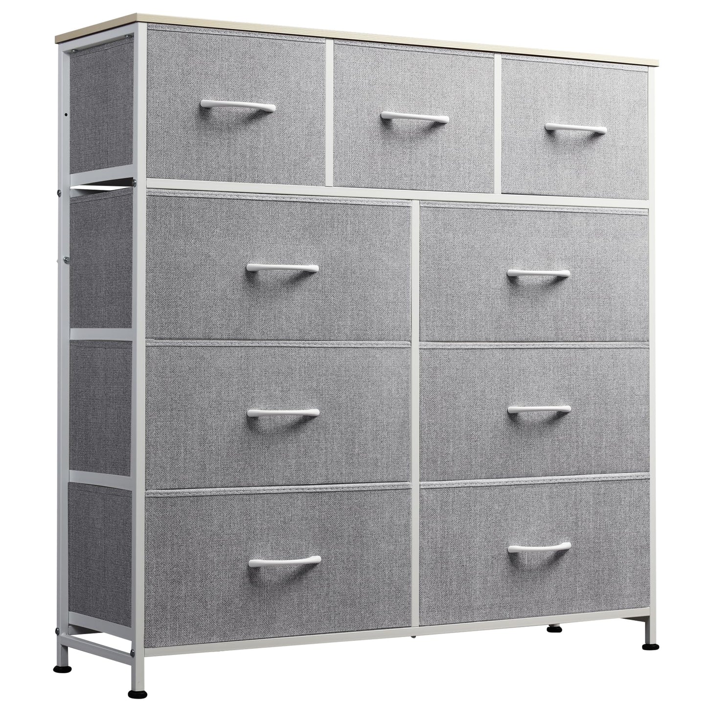 Drawer Fabric 9 Dresser – Tall Storage Tower with Bins, Steel Frame, and Wood Top