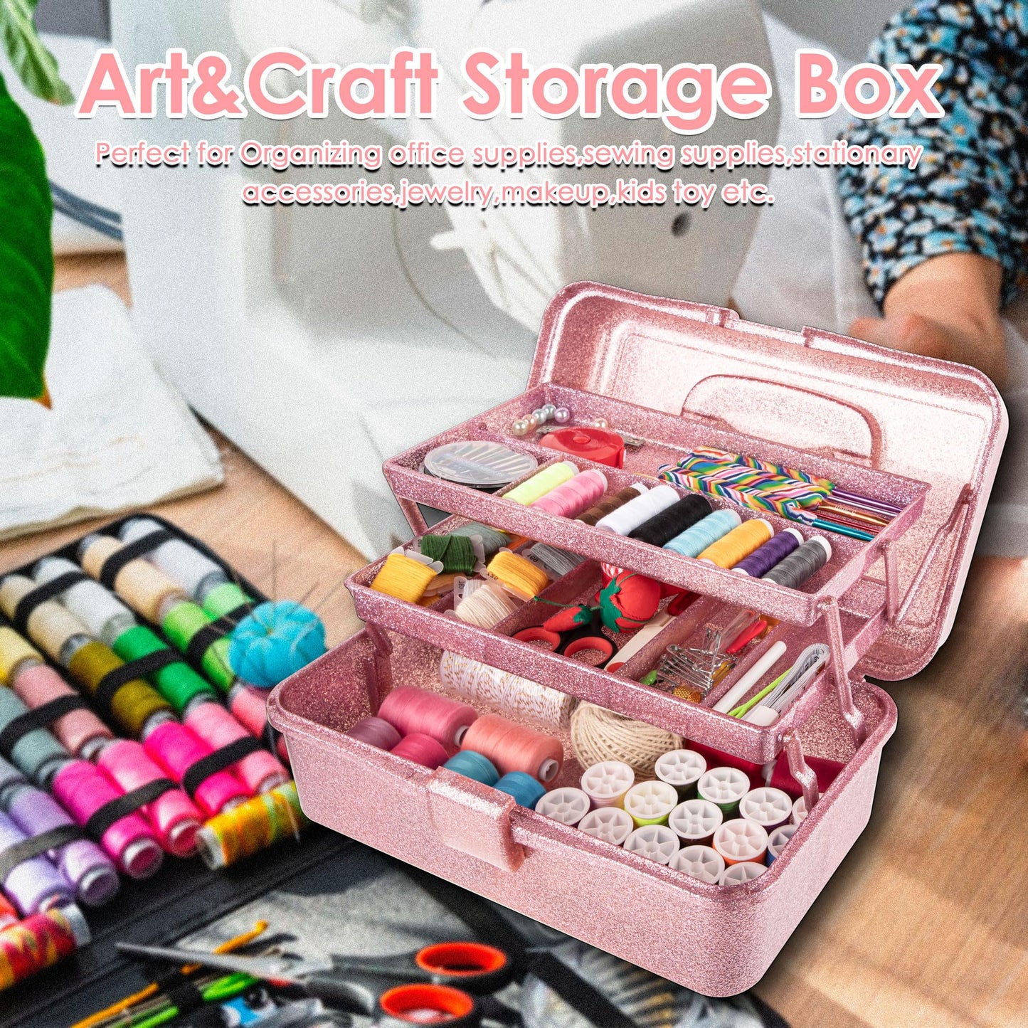 Glitter Pink Three-Layer Multipurpose Art&Craft Tool Storage Box