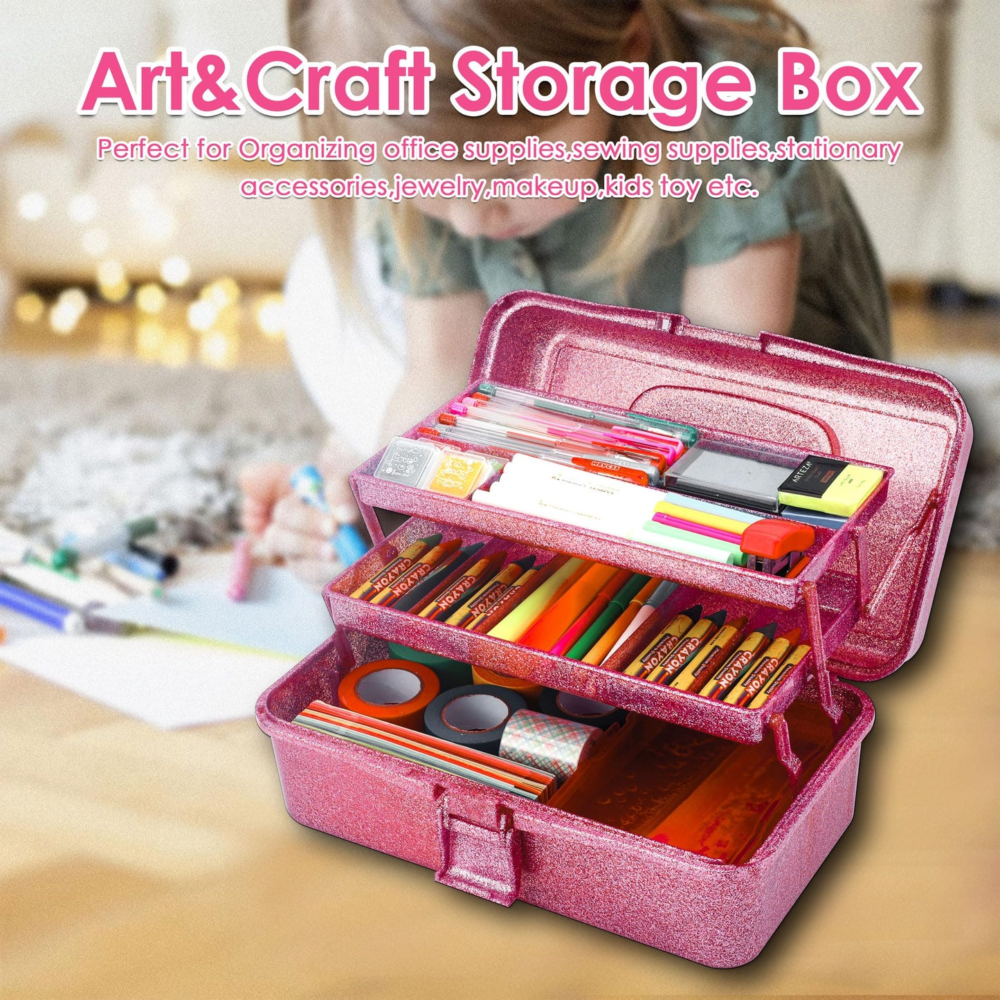 Glitter Pink Three-Layer Multipurpose Art&Craft Tool Storage Box