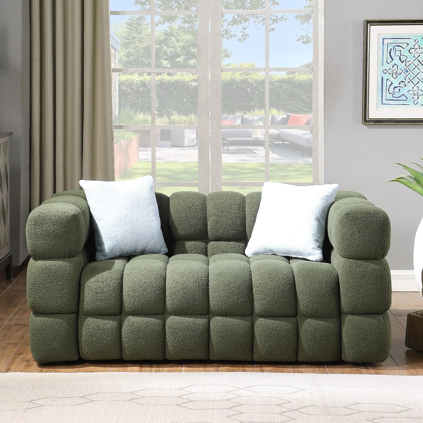 Modern Sofa Couch with Metal Legs Upholstered Tufted 3 Seater Couch with 2 Pillows Decor