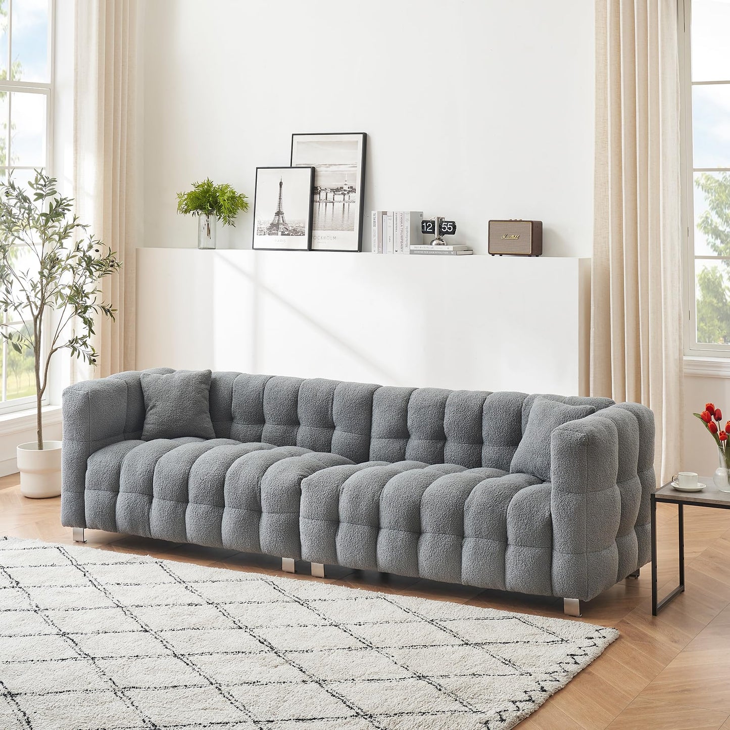 Modern Sofa Couch with Metal Legs Upholstered Tufted 3 Seater Couch with 2 Pillows Decor