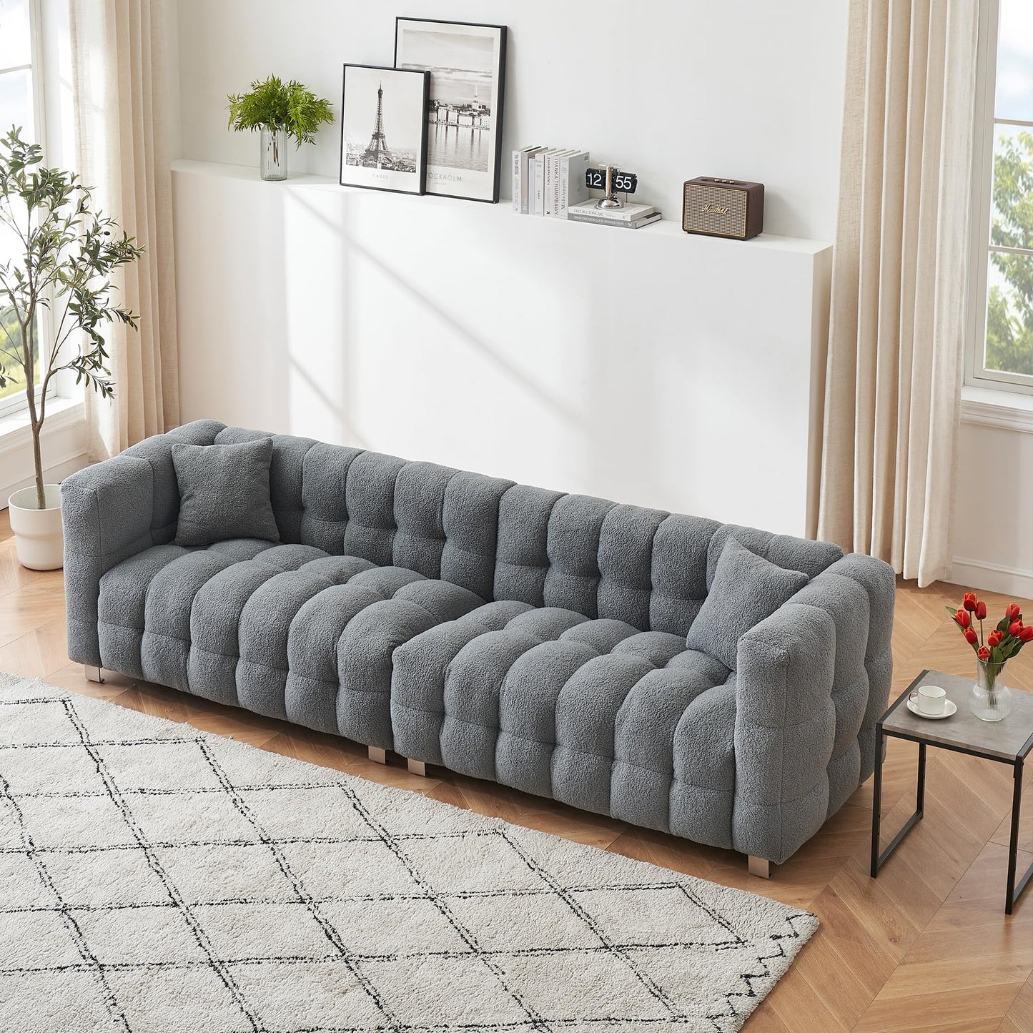 Modern Sofa Couch with Metal Legs Upholstered Tufted 3 Seater Couch with 2 Pillows Decor