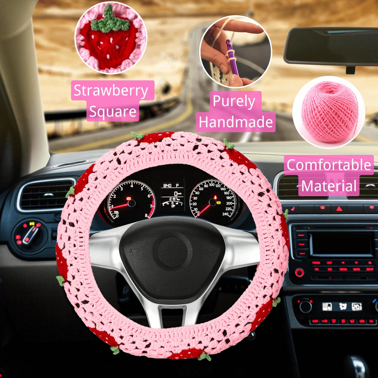 Pink Strawberry Granny Square Pattern - Crochet Steering Wheel Cover Set