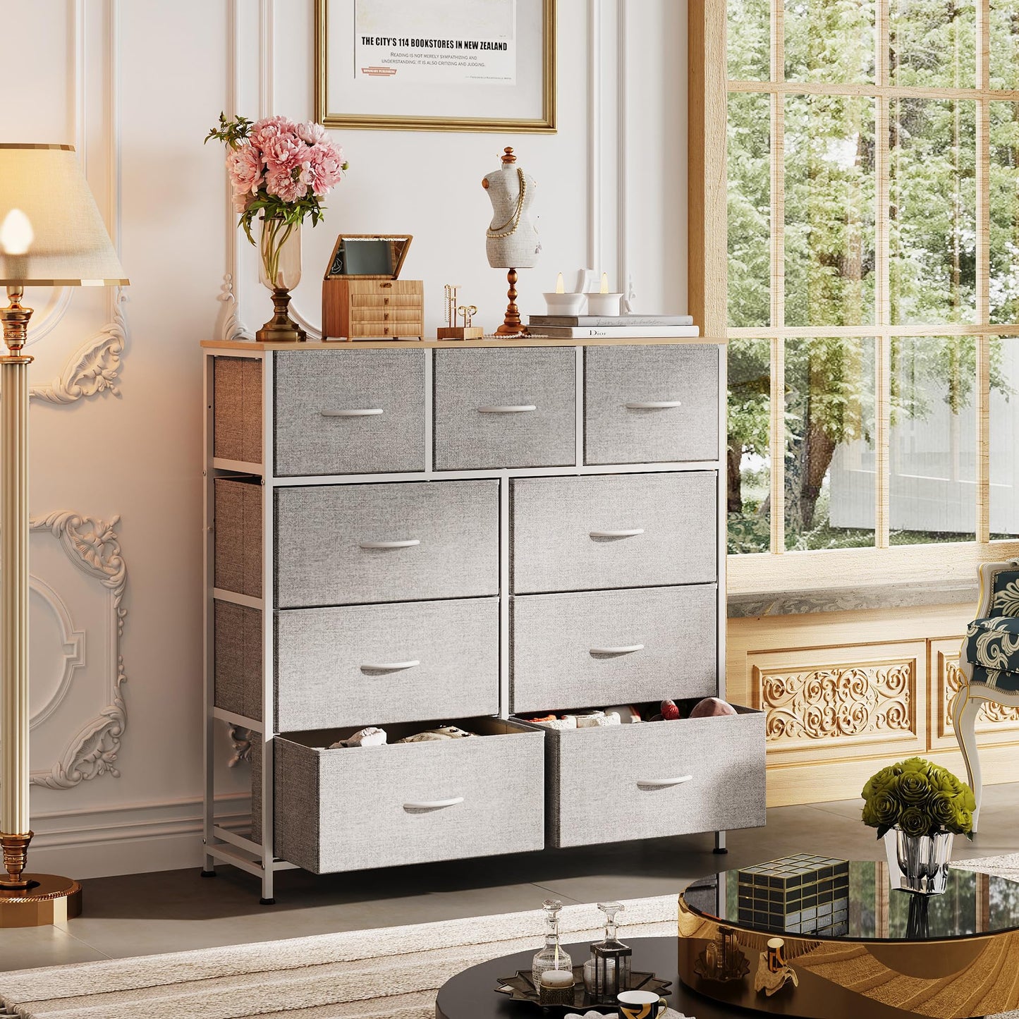 Drawer Fabric 9 Dresser – Tall Storage Tower with Bins, Steel Frame, and Wood Top