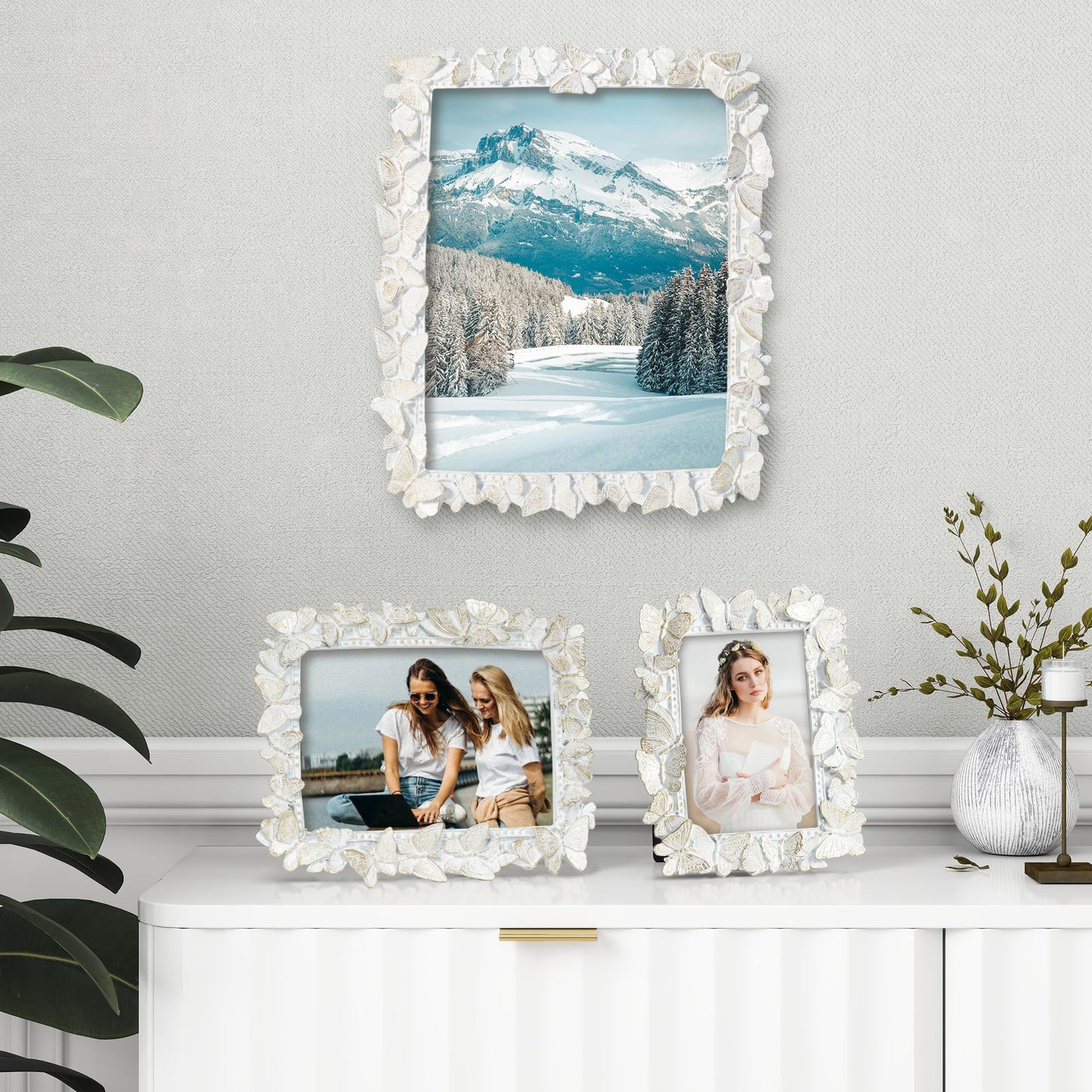 Picture Frame with High Tempered Glass, Butterfly Textured Hand-Crafted Resin Cute Photo Frame with Easel & Hook for Tabletop & Wall Display