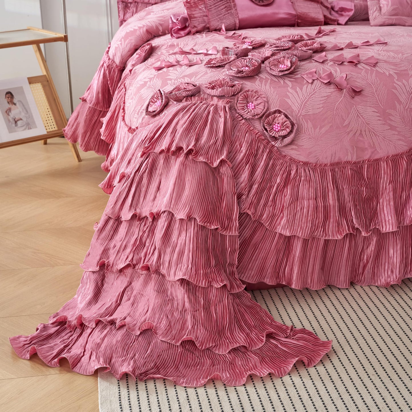 Elegant Satin Lace Cascading Ruffles Floral Embellished Victorian Rose Pink Bedding Royal Princess Dreams Ruffled Comforter Set, 6 Pieces