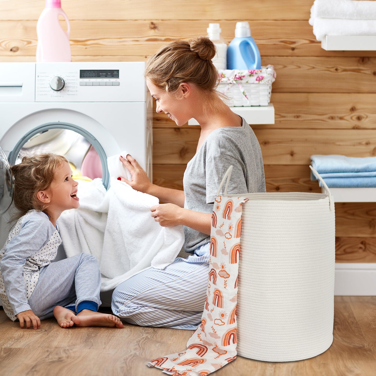 Cotton Boho Rope Laundry Basket – Woven Hamper for Blankets, Toys, and Nursery Storage