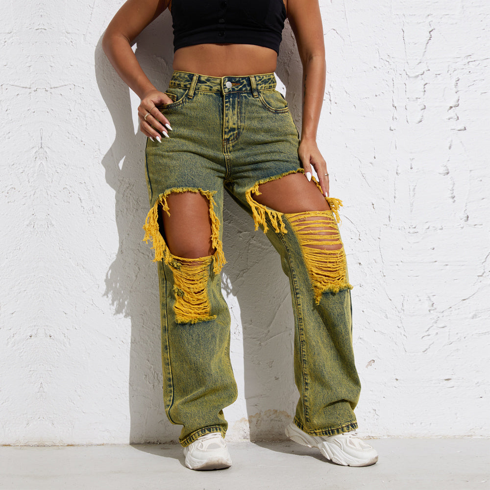 Yellow Wash Streetwear Split Loose Straight Jeans Y2K Ripped Retro Women Denim Pants