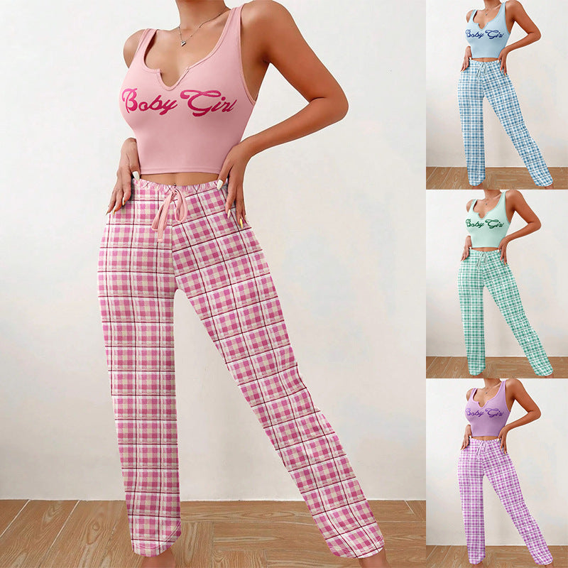 Women's Spring/Summer Casual Pajama Set – Sleeveless Letter Print Top and Color-Blocked Plaid Pants