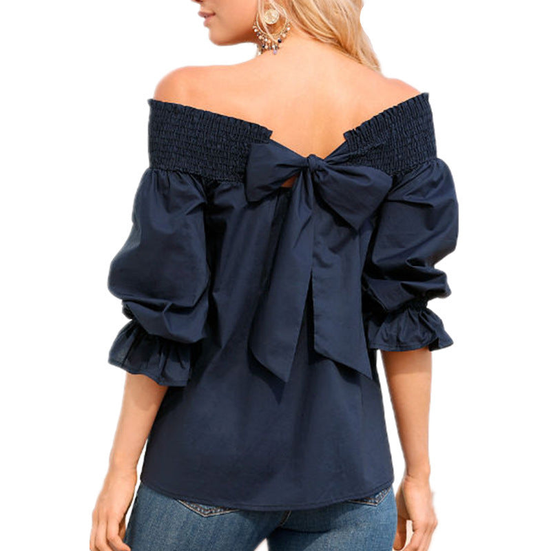 Off Shoulder Strapless Women Blouse - Bowknot Slash Neck