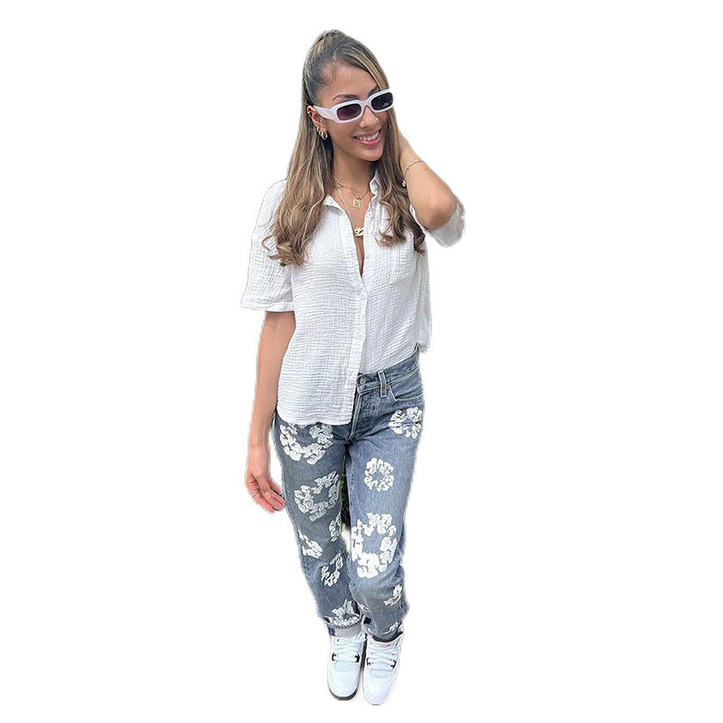 Printed High Waist Straight Jeans For Women