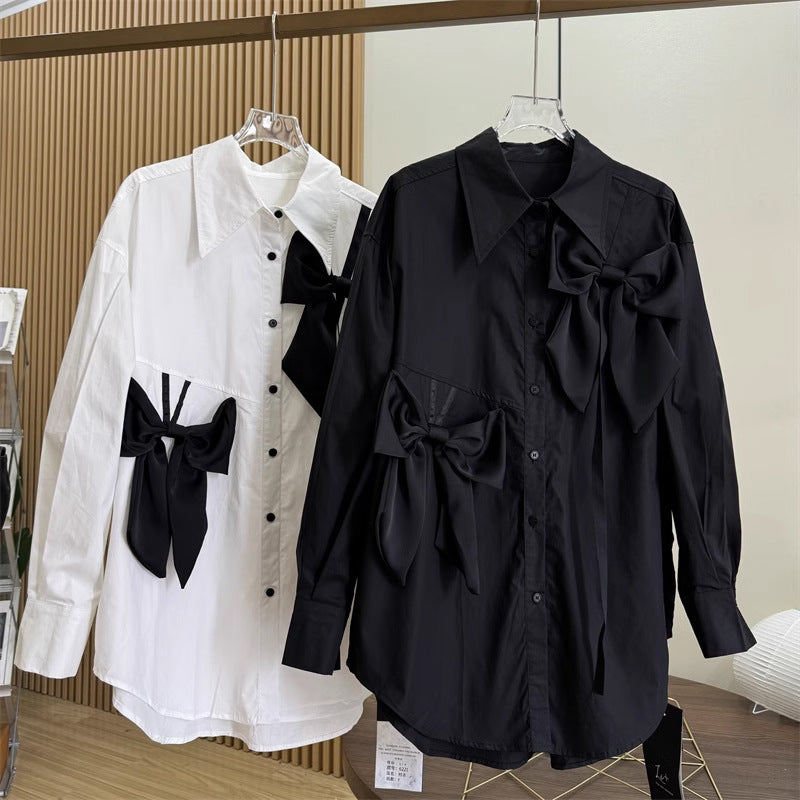 French Style Three-dimensional Bow Long Sleeve Shirt