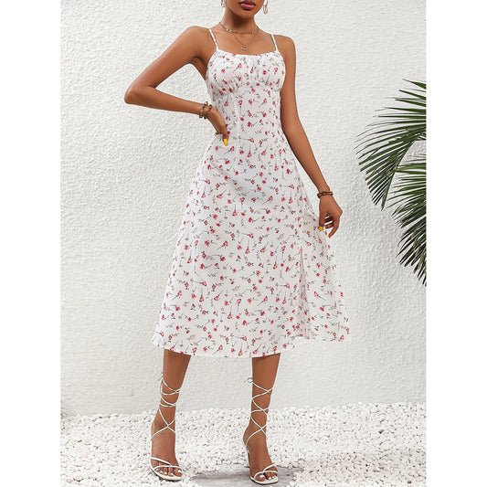 New Polka Dot Print Suspender Summer Sexy Slit Long Dress