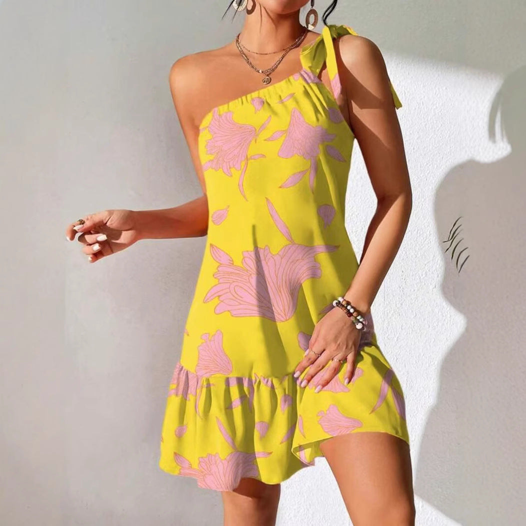 Women's Oblique Shoulder Strap Printing Dress