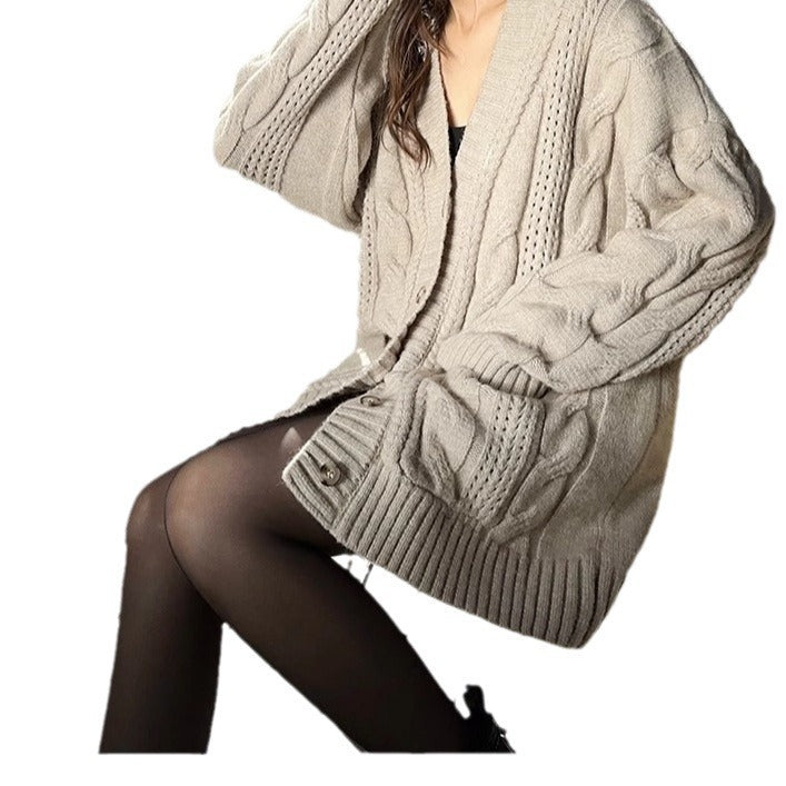 Solid Color Cable-knit Sweater Knitted Cardigan Jacket