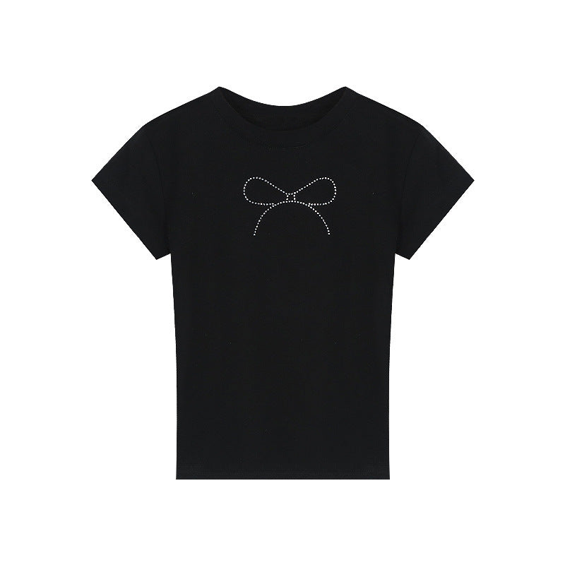 Hot Girl Short-sleeved T-shirt Navel Black Bow