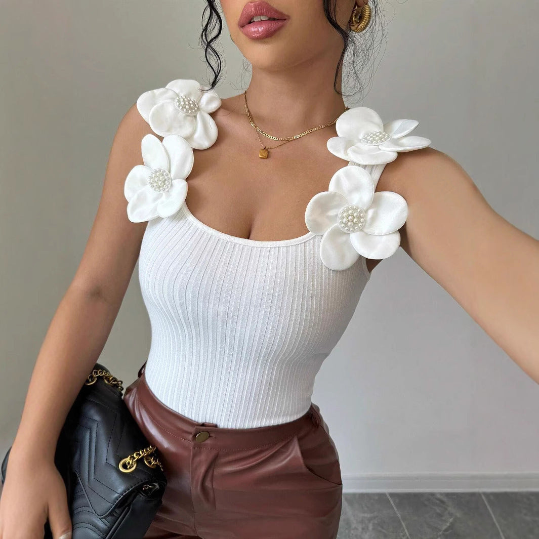 Fashion Casual Three-dimensional Flower Decorative Knitted Sleeveless Top