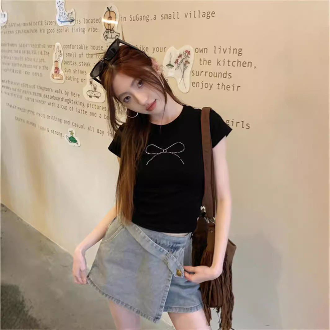 Hot Girl Short-sleeved T-shirt Navel Black Bow