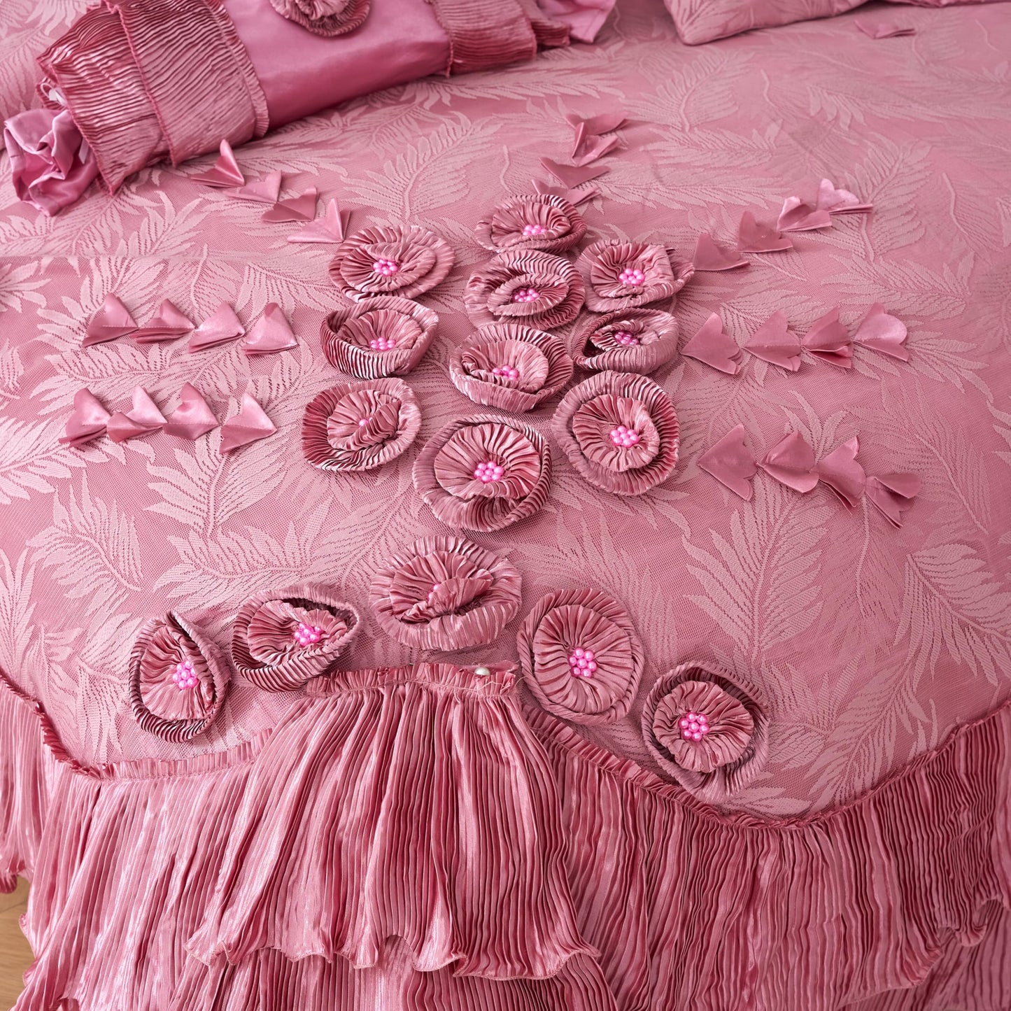 Elegant Satin Lace Cascading Ruffles Floral Embellished Victorian Rose Pink Bedding Royal Princess Dreams Ruffled Comforter Set, 6 Pieces