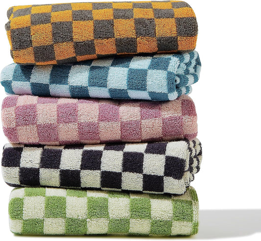 Cotton Face Towels Soft Hand Towels 5 Pack - Absorbent, and Decorative Checkered Design 13 x 29 Inches