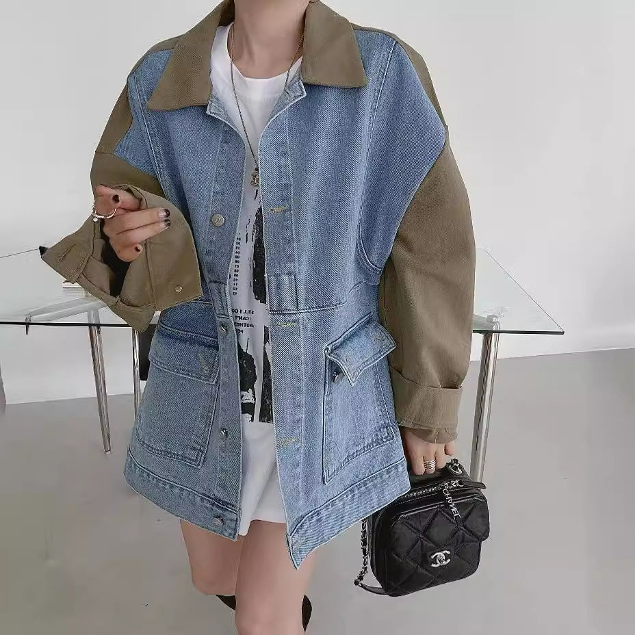 Color Contrast Stitching Denim Baggy Coat