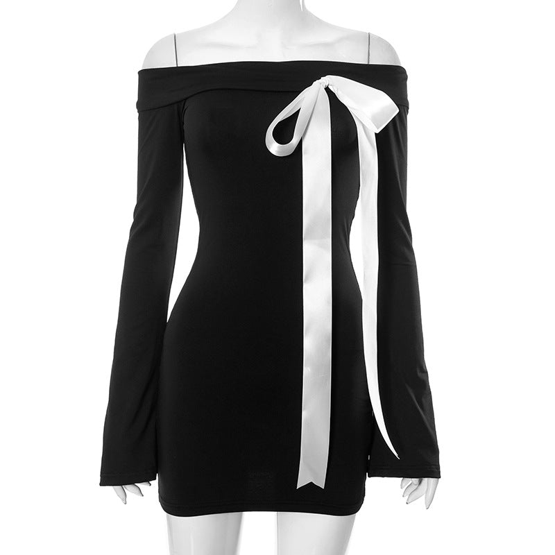 Long-sleeved Off-shoulder Bow Hip-wrapped Hot Girl Dress