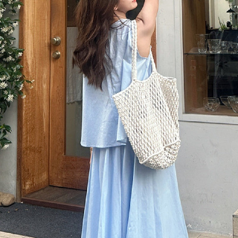 French Style Bow Blue Sleeveless Suit Skirt For Women