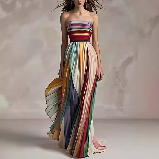 Women's Sexy Tube Top Backless Printed Color Swing Maxi Dress