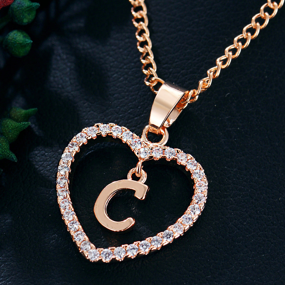 Heart-shaped Zircon Pendant Necklace Stainless Steel Gold 26 Letters