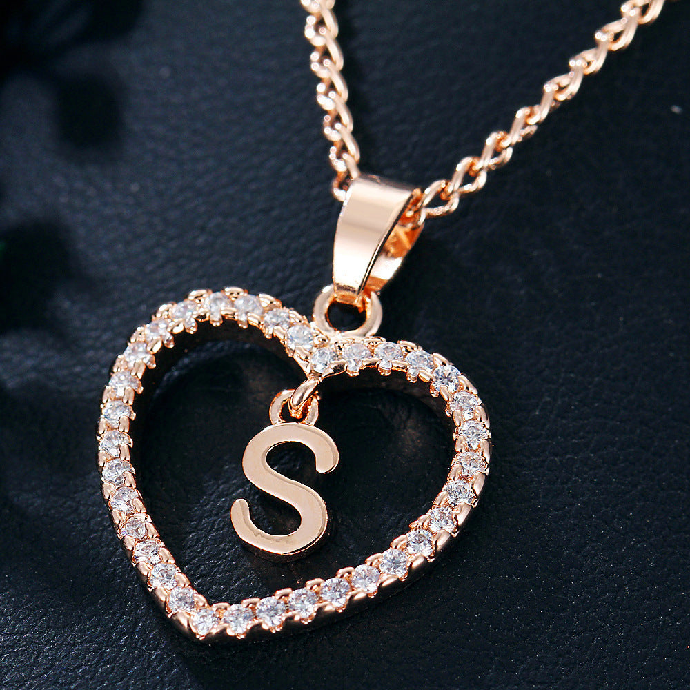 Heart-shaped Zircon Pendant Necklace Stainless Steel Gold 26 Letters