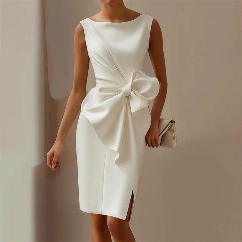 Fashion Graceful Bow Dress Skirt High Waist Slim Solid Color Dress