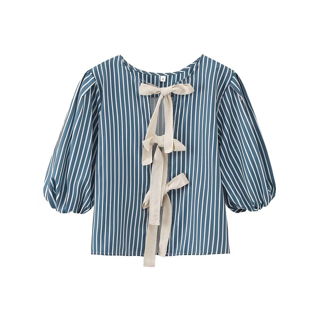 Women's Striped Bow Lace-up Top