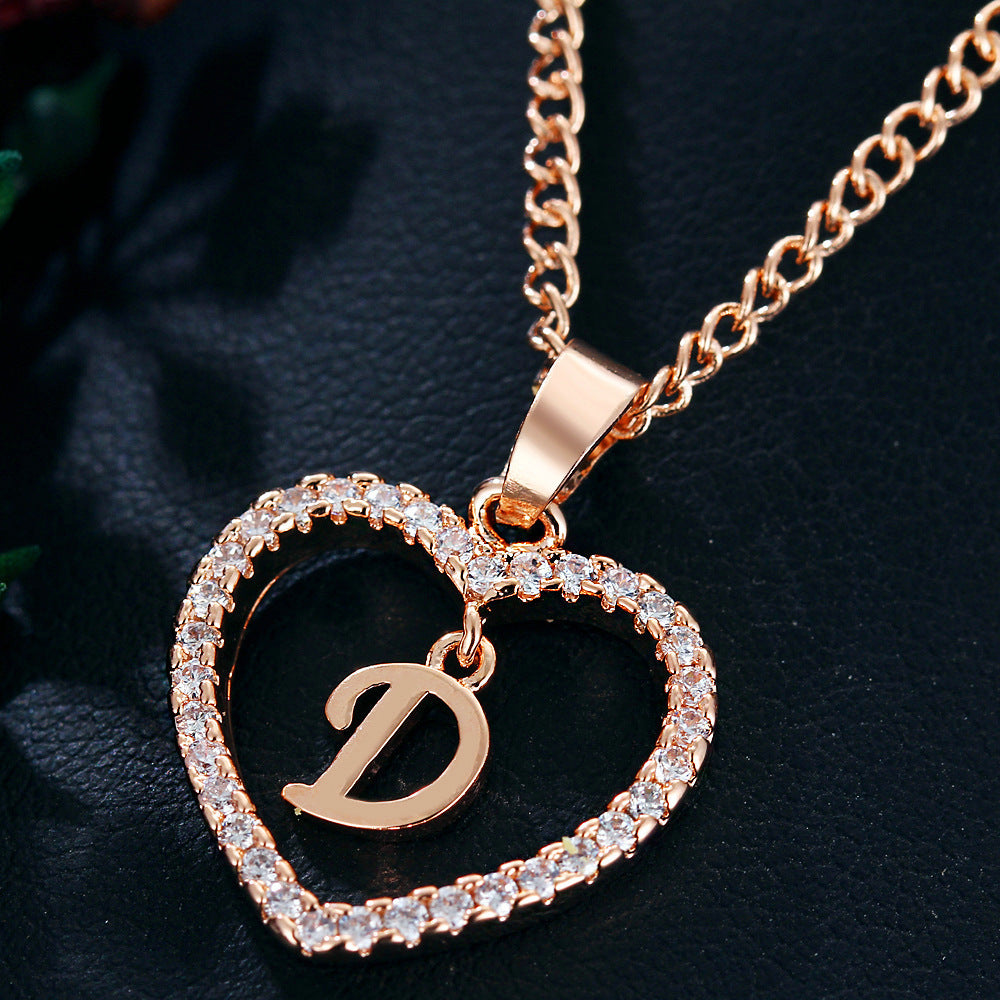 Heart-shaped Zircon Pendant Necklace Stainless Steel Gold 26 Letters