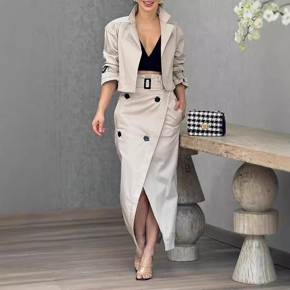 Women's Suit Lapel Patchwork Coat Skirt Two-piece Set Including Belt