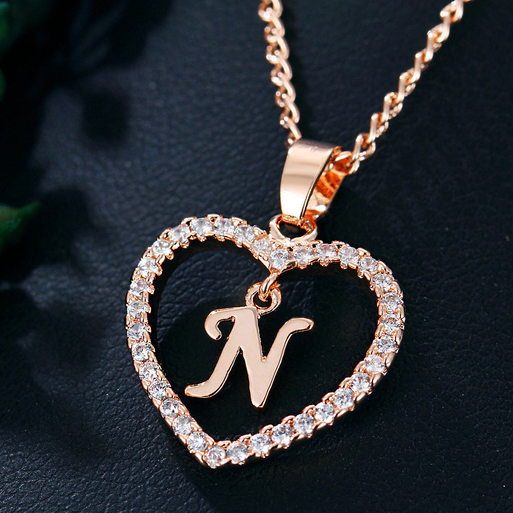 Heart-shaped Zircon Pendant Necklace Stainless Steel Gold 26 Letters