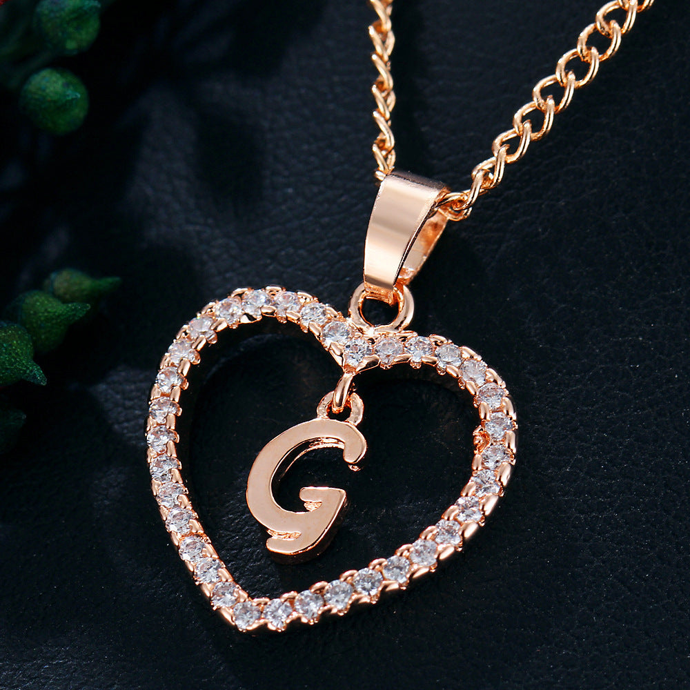 Heart-shaped Zircon Pendant Necklace Stainless Steel Gold 26 Letters