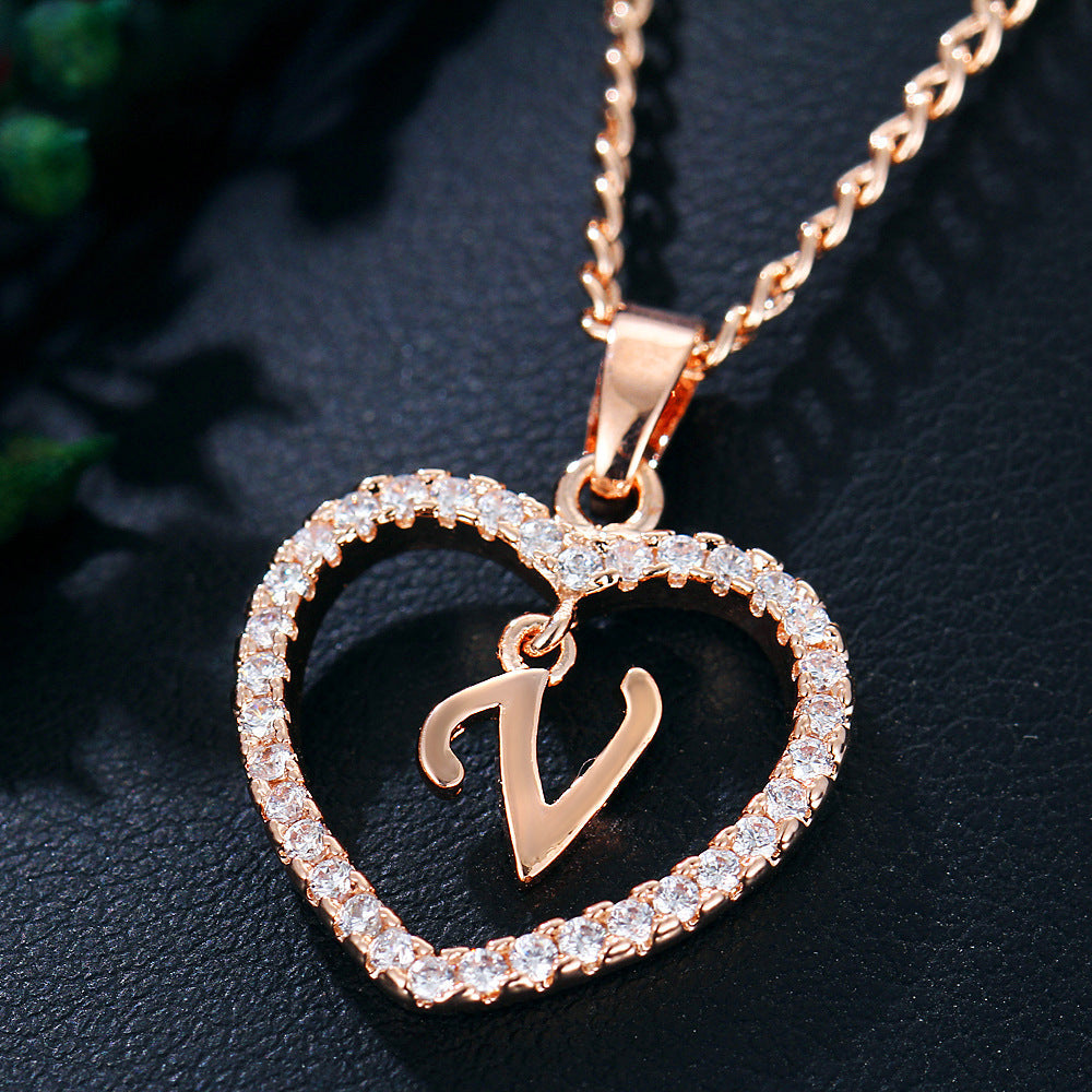 Heart-shaped Zircon Pendant Necklace Stainless Steel Gold 26 Letters