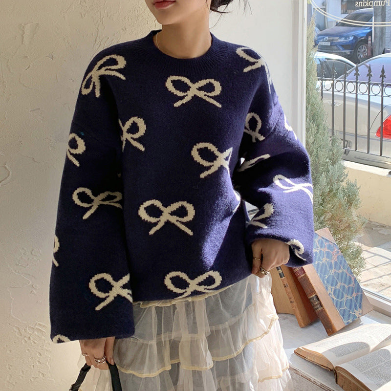 Round Neck Jacquard Bow Long Sleeve Sweater Fashion Loose Casual Bottoming Shirt