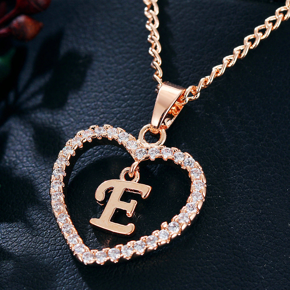 Heart-shaped Zircon Pendant Necklace Stainless Steel Gold 26 Letters