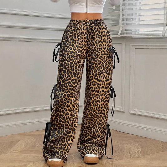 Elastic Waist Solid Color Bow Lace Up Casual Straight-leg Pants