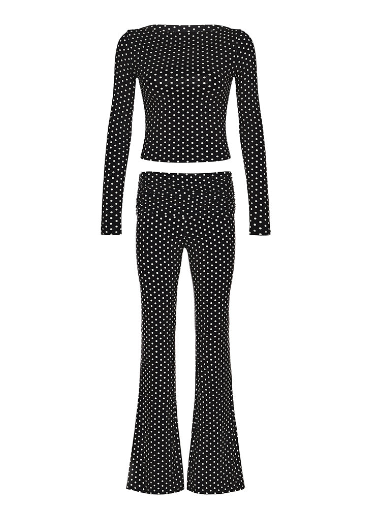 Polka Dot Two-piece Set Bootcut Pants Stretch Slim-fit Printed Top