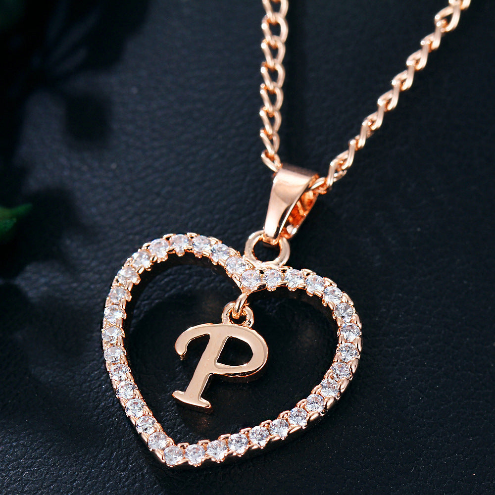 Heart-shaped Zircon Pendant Necklace Stainless Steel Gold 26 Letters