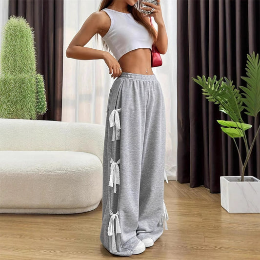 Street Fashion Bow Lace Stitching Personality Wide Leg Pants