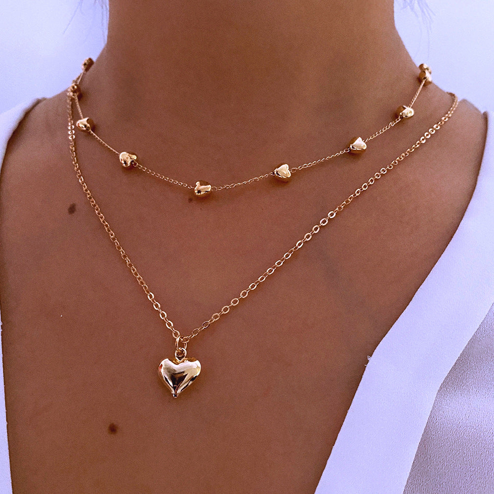 Double-layer Heart Pendant Fine Chain Necklace For Women Multilayer Gold Color Metal Necklaces