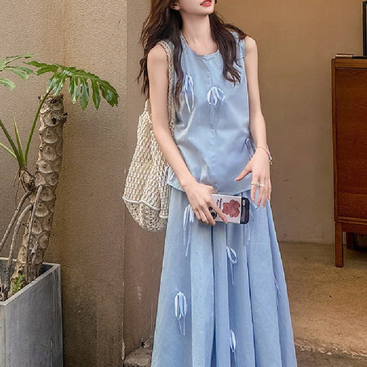 French Style Bow Blue Sleeveless Suit Skirt For Women