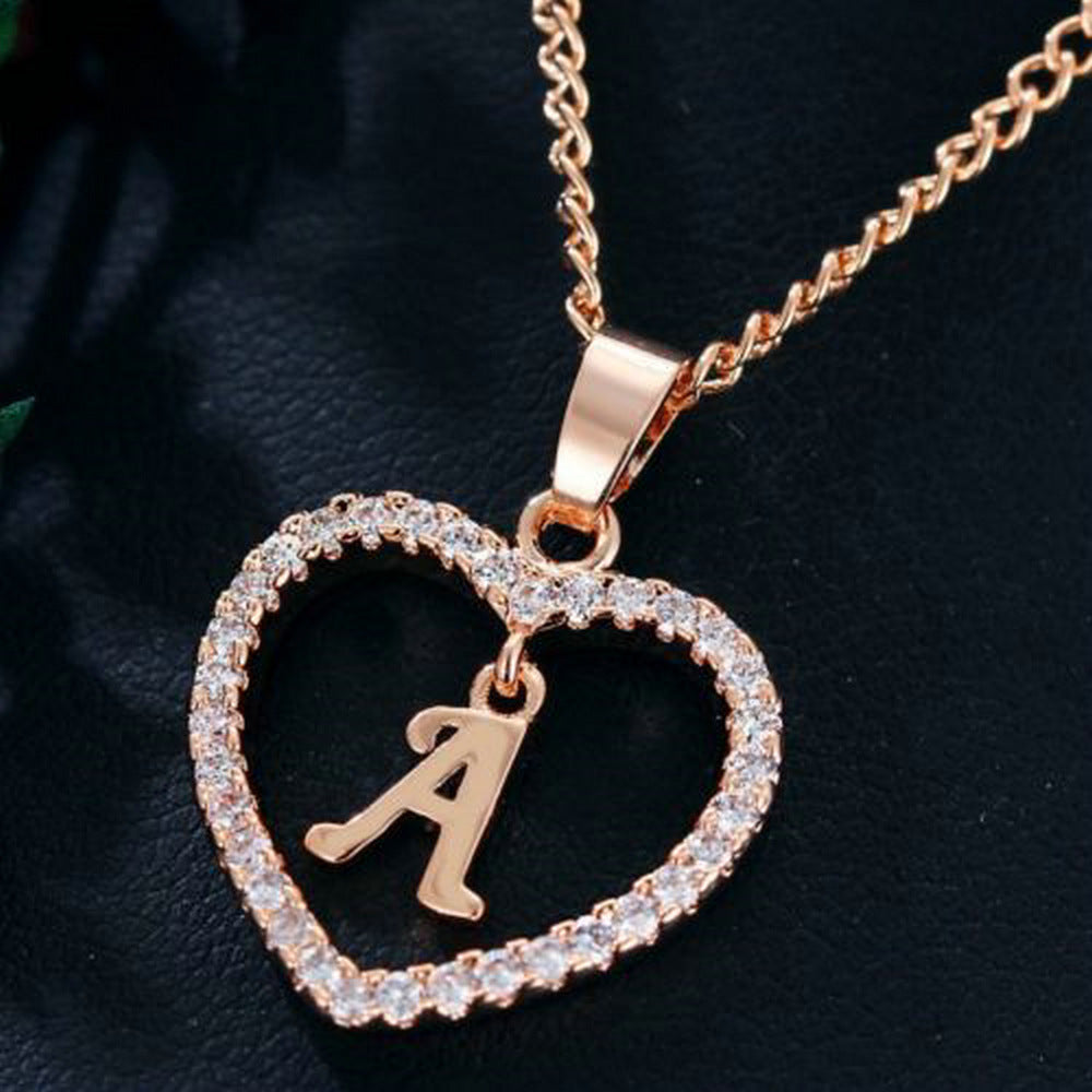 Heart-shaped Zircon Pendant Necklace Stainless Steel Gold 26 Letters