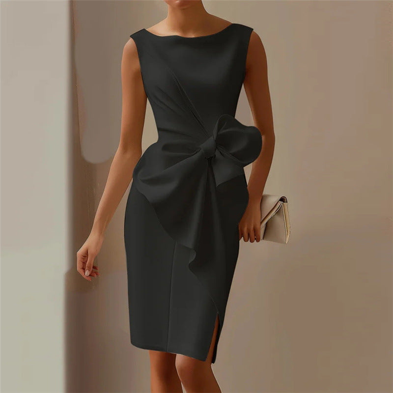 Fashion Graceful Bow Dress Skirt High Waist Slim Solid Color Dress