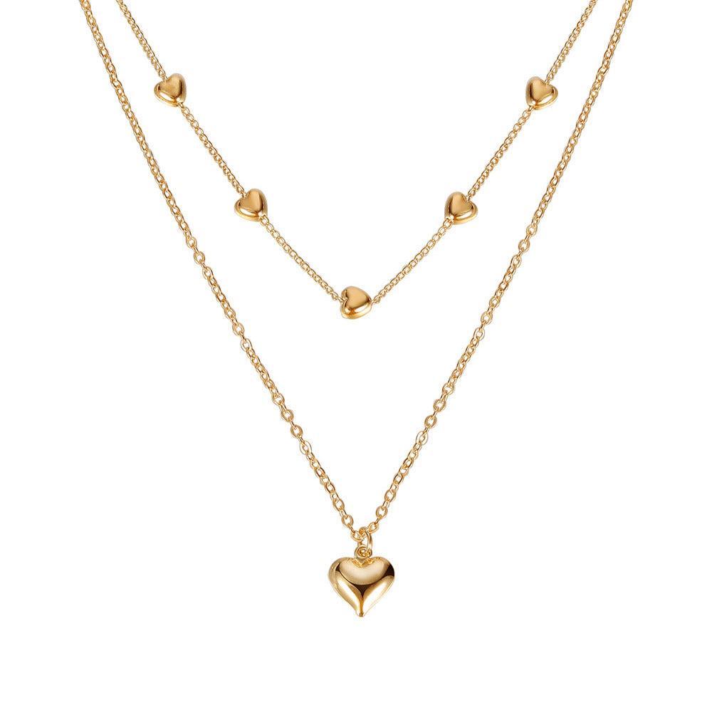 Double-layer Heart Pendant Fine Chain Necklace For Women Multilayer Gold Color Metal Necklaces